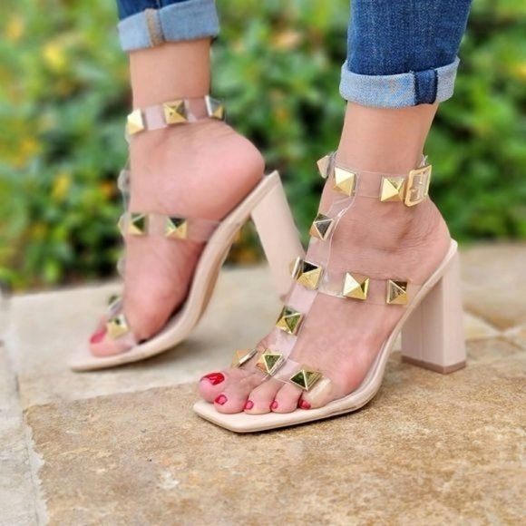 Shoes - Studded Strappy Chunky Heels Sandals Nude Color